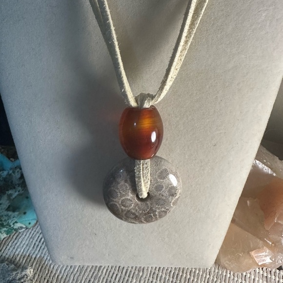 Coral Fossil Jade Donut Pendant Necklace - Picture 8 of 16